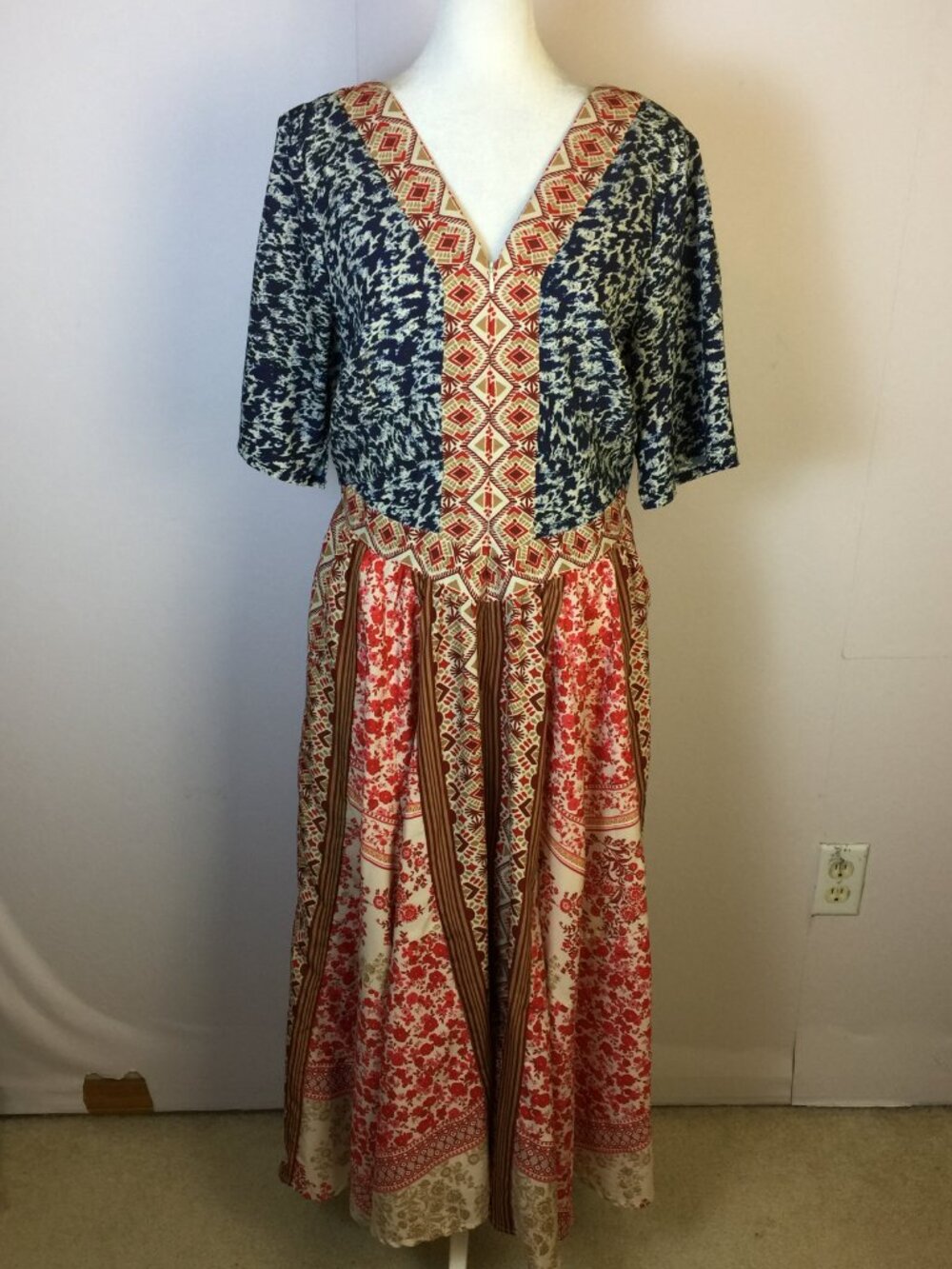 New! Wayward Fancies eShakti Maxi Dress M/L Womans Red Blue Bohemian Zip V-neck